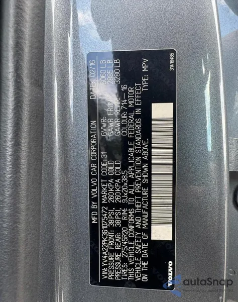 2016 Volvo Xc90 T6 from USA, damaged, VIN YV4A22PK3G1075472